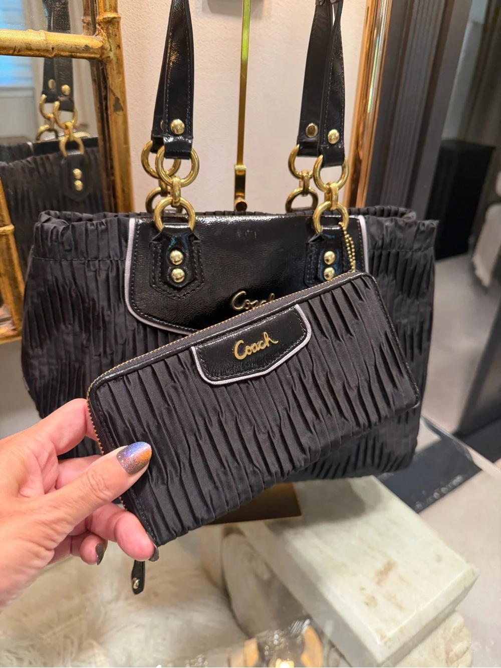 Coach EUC Black Pleated Tote and Wallet Set